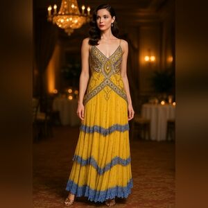 Jenny Packham Beaded Yellow Gown – Gatsby Glam Sequin Maxi Dress